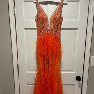 Jovani 03023 Orange Feather Prom Dress, Size 0